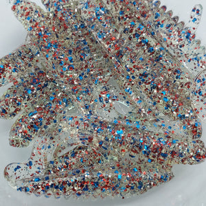 Color Code 0041:  4th of July Firecracker version 5.0 - clear plastic and balanced blue, red, and silver fine and small glitter.