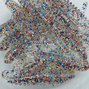 Color Code 0041:  4th of July Firecracker version 5.0 - clear plastic and balanced blue, red, and silver fine and small glitter.